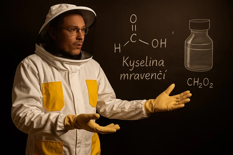 Pčelář vysvětluje kyselinu mravenčí na tabuli
