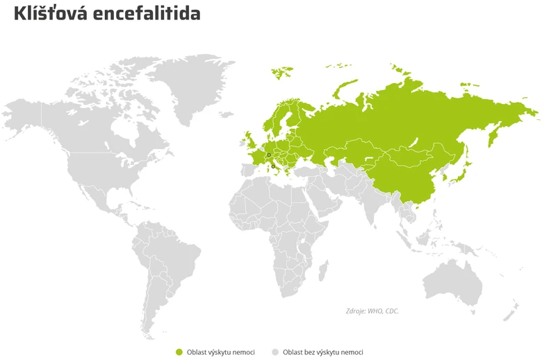 Map ukazující oblasti výskytu klíšťové encefalitidy