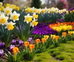 Jarní květiny v zahradě – narcisy, krokuse a tulipány