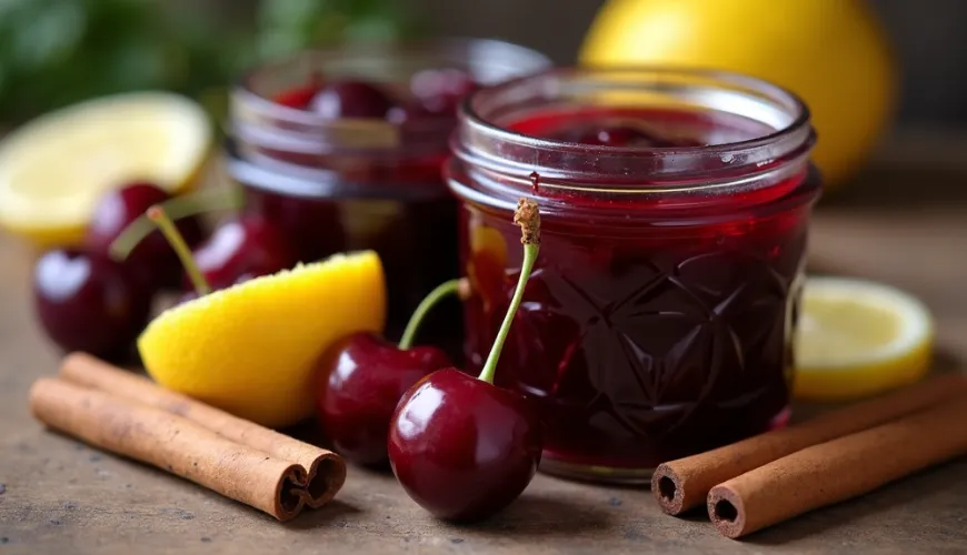 Třešňová marmeláda v skleněném dóze s čerstvými třešněmi