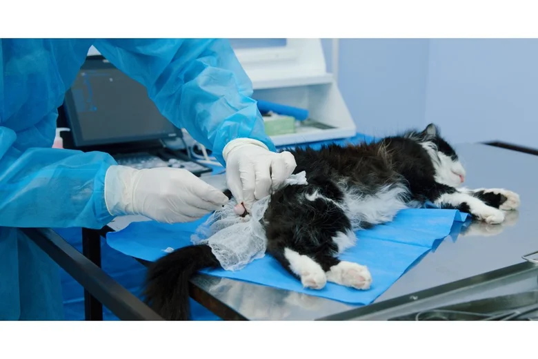 Veterinář provádí kastraci kočky na operačním stole.