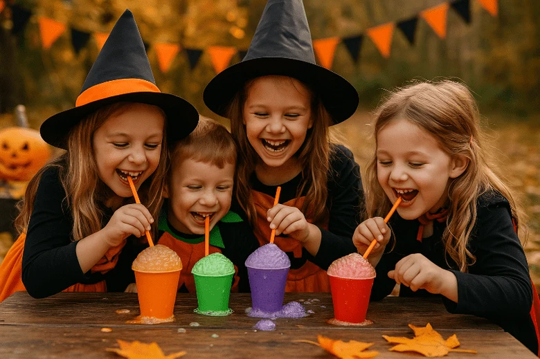 Děti v kostýmech hrají s halloweenskými nápoji