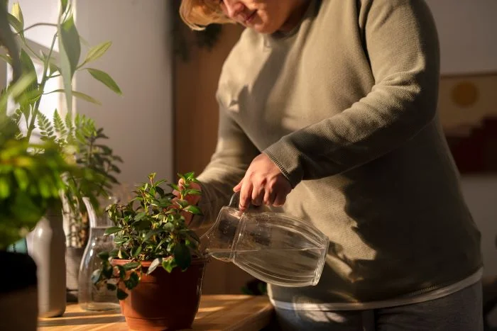 Osoba zalévá pokojovou rostlinu v květináči