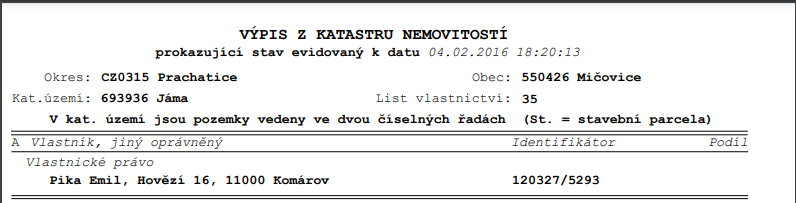 Výpis z katastru nemovitostí s listem vlastnictví